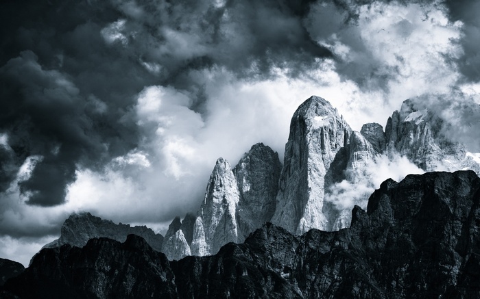 Monochrome photography of Dolomites mountains in Italy