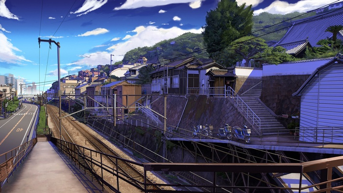 Anime landscape with train tracks and houses