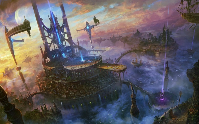 Fantasy cloud city with floating islands and airships