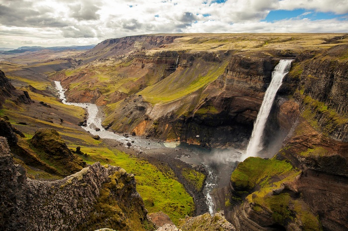 Haifoss waterfall in a canyon, Iceland