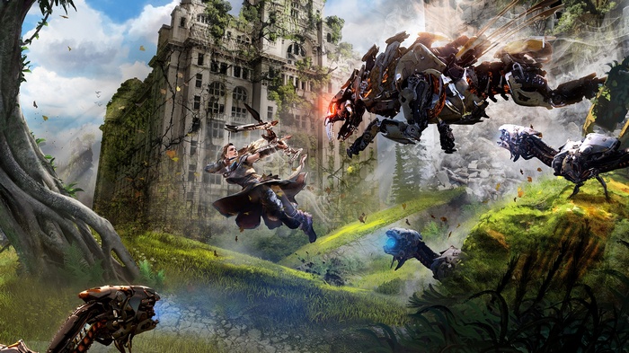 Aloy from Horizon: Zero Dawn fighting machines