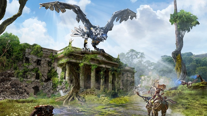 Aloy from Horizon Zero Dawn with robotic bird and ruins