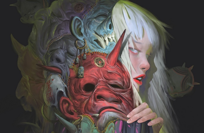 Fantasy art of a girl with a red demon mask