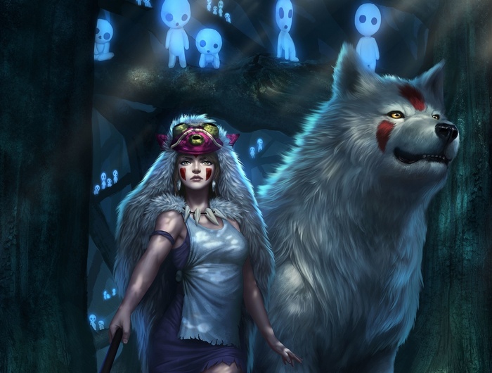 Princess Mononoke and wolf with Kodama