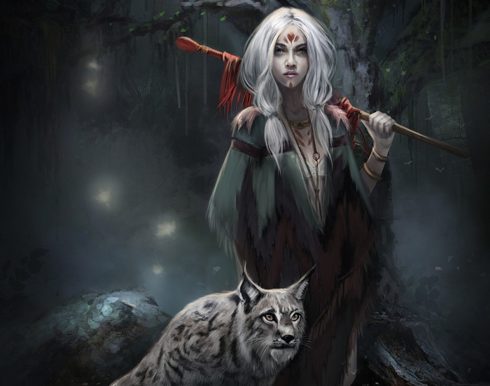 Fantasy woman with lynx in a dark forest