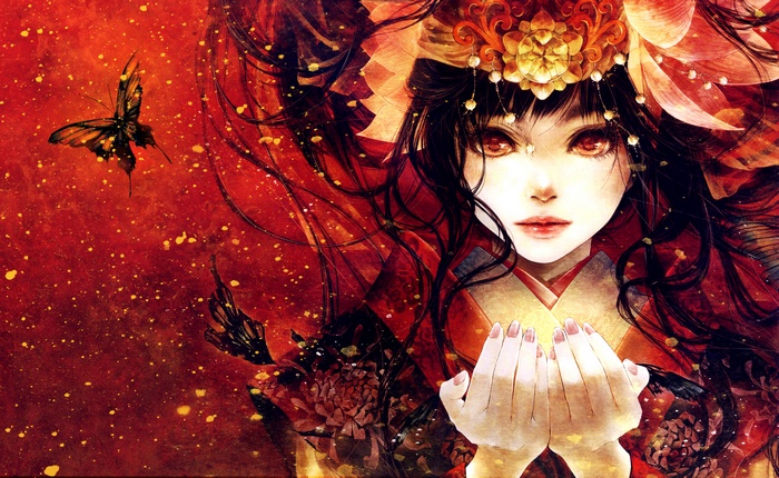 Anime girl with butterflies and ornate headdress