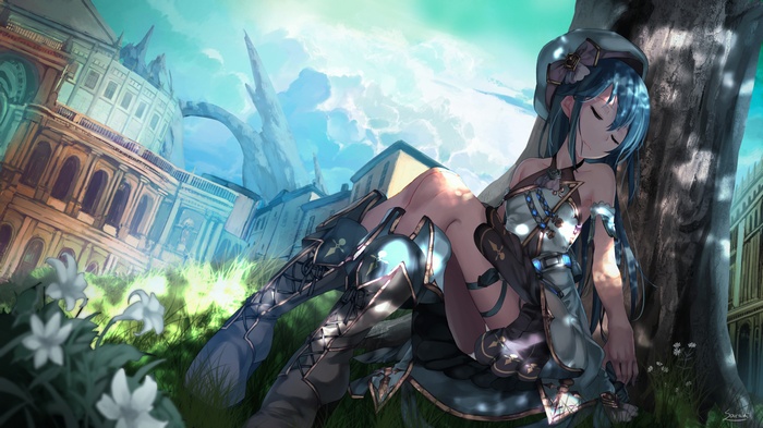 Anime girl with blue hair sleeping by a tree