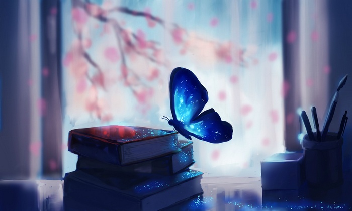 Butterfly on books with cherry blossoms outside