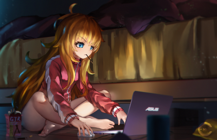 Gabriel White Tenma from Gabriel Dropout using a laptop