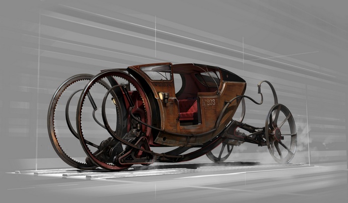 Vintage carriage-like vehicle with large spoked wheels