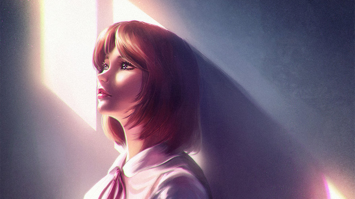 Artwork of a schoolgirl with brunette hair in sunlight