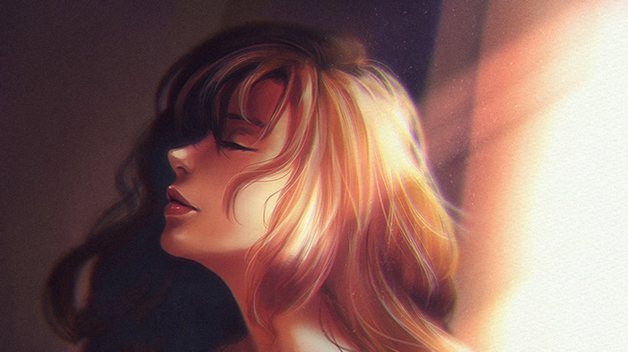 sun rays, closed eyes, artwork, blonde