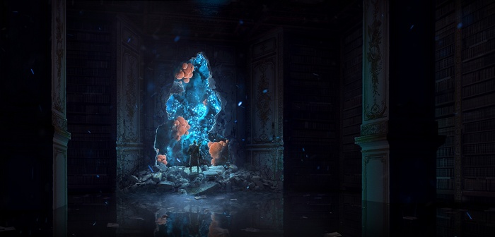 Fantasy art of a glowing crystal in a library