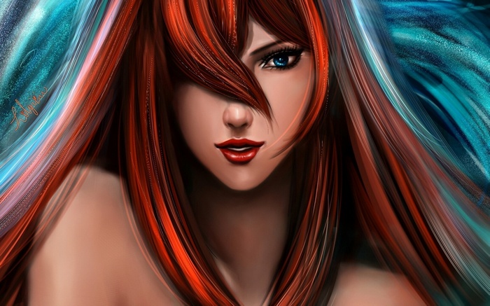 Anime redhead girl with blue eyes and long hair