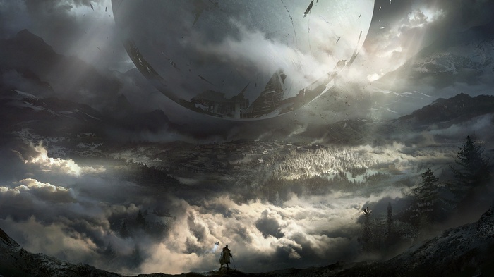 Destiny 2: The Traveler over a cloudy landscape