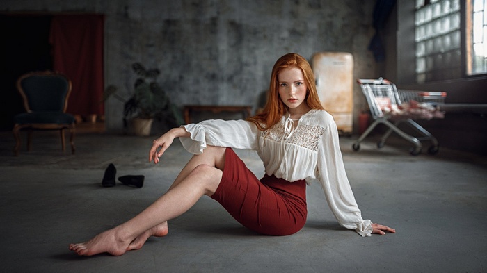 skirt, hips, women, redhead, white tops, Georgy Chernyadyev, legs, pale, on the floor, Katya Voronina, freckles, feet