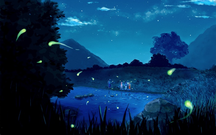 Naruto and friends by a river at night