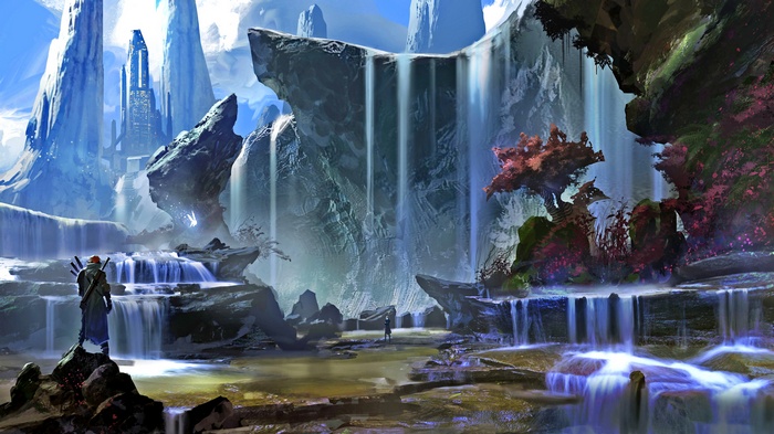 Fantasy landscape with waterfalls and a lone traveler