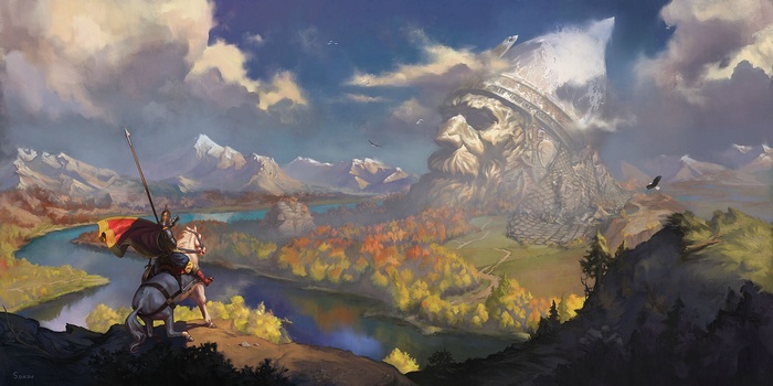 landscape, horse, statue, fantasy art, artwork, river, mountains