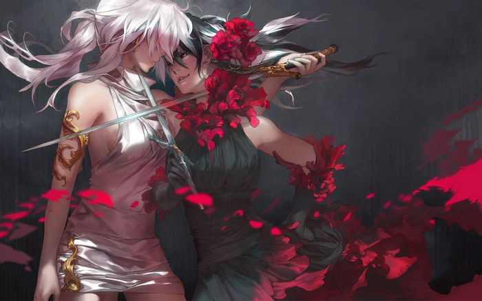 Two women with swords and red flowers