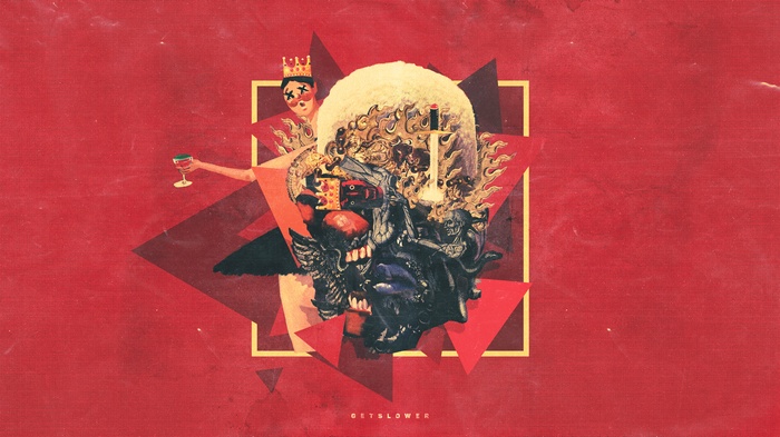 Abstract collage with skull and figure holding a drink