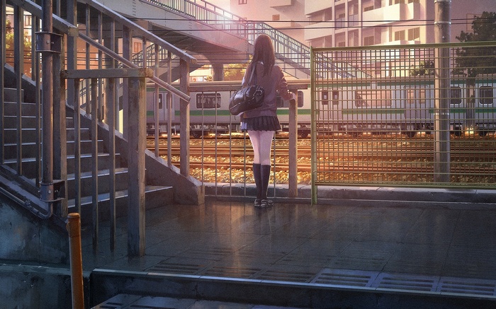 Anime girl in school uniform at train station
