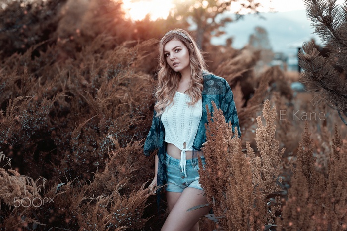 Woman in Jean Shorts and Kimono in Nature