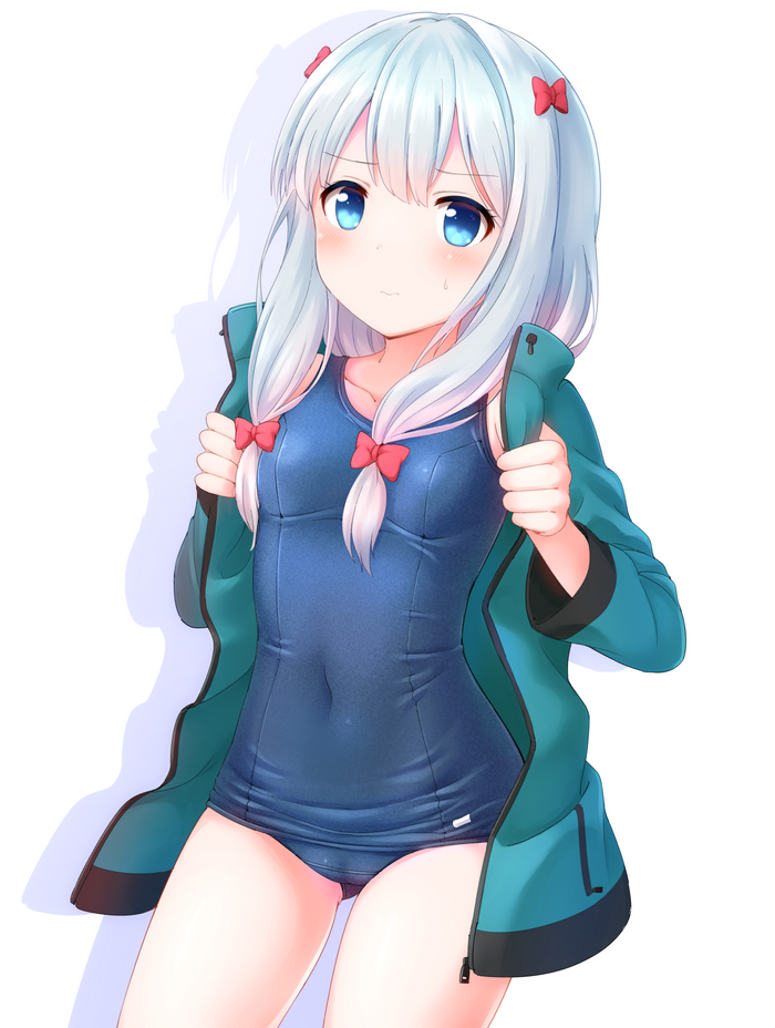 school swimsuits, white  background, silver hair, cameltoe, Izumi Sagiri, open shirt, Eromanga-sensei, blue eyes, undressing