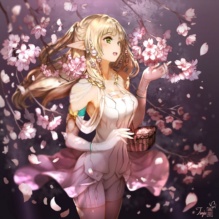 Elf girl with blonde hair and cherry blossoms