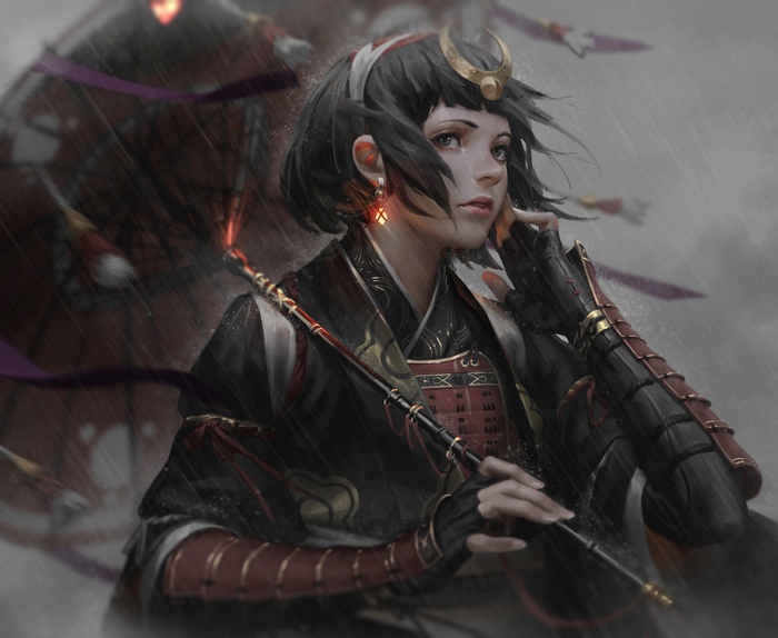 Armor Short Hair Gloves Black Eyes Guweiz Water Rain Samurai