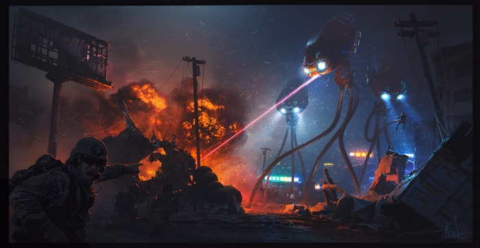 War of the Worlds Tripods attacking a city with soldiers