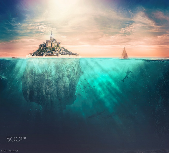 Mont Saint-Michel island and underwater view with sharks