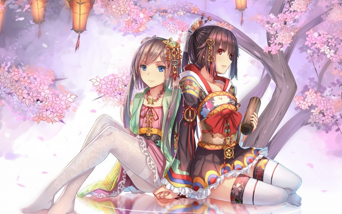Two anime girls in kimonos under cherry blossoms