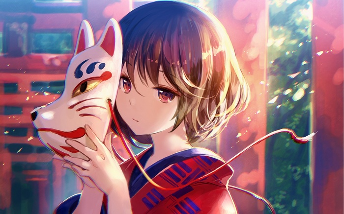 Anime girl with fox mask and kimono