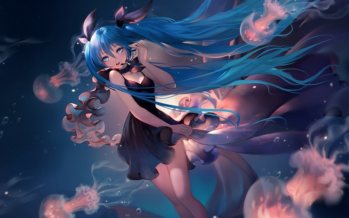 long hair, blue eyes, hair ornament, Hatsune Miku, anime girls, Vocaloid, anime, blue hair