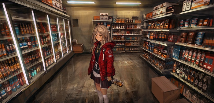 Anime girl with alcohol in a convenience store