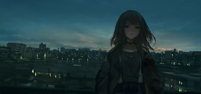 Anime girl on a rooftop overlooking a cityscape at dusk