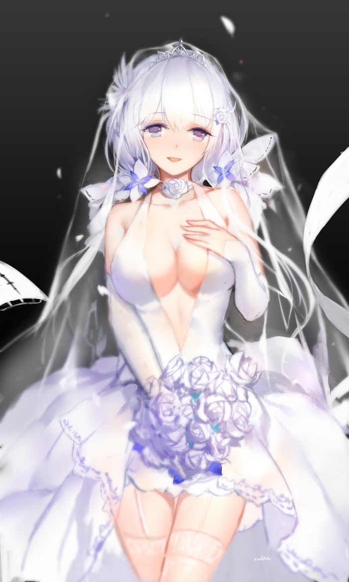 Bride with white hair and purple eyes in a wedding dress