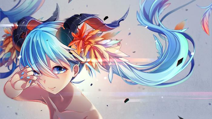Hatsune Miku with blue hair and horns