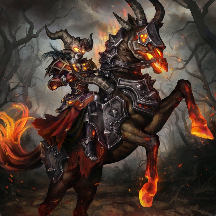 Undead Warlock on a fiery horse from World of Warcraft