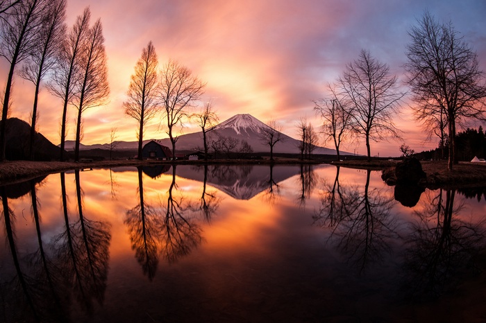 Mount Fuji reflection at sunset in Japan