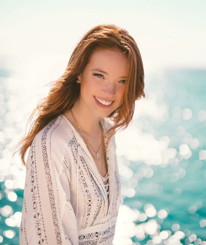 model, women, Riley Rasmussen, bokeh, smiling, shirt, sea, women outdoors, redhead, portrait display, long hair, looking at viewer, face, portrait