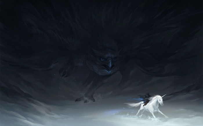 A griffin chases a unicorn with a rider