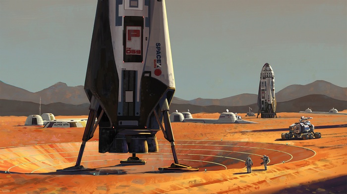 SpaceX Mars landing site with astronauts and rovers