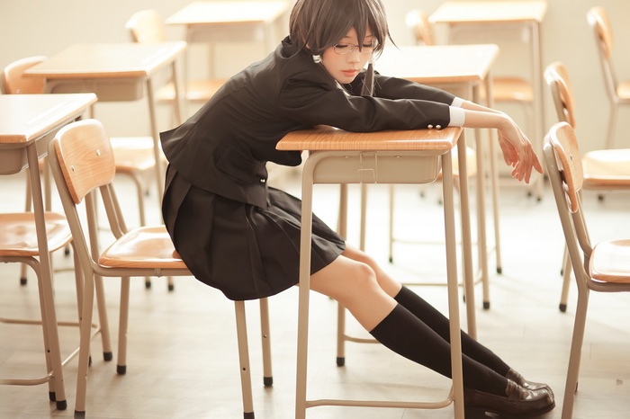 brunette, schoolgirl, knee-highs, school uniform, school, women with glasses, skirt, women, Ely Cosplay (Eeelyeee), glasses, Asian, cosplay