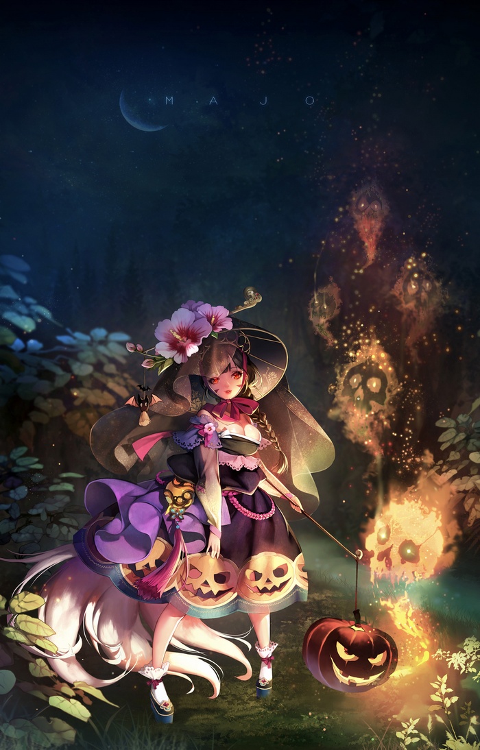 Witch with pumpkins and spectral fire