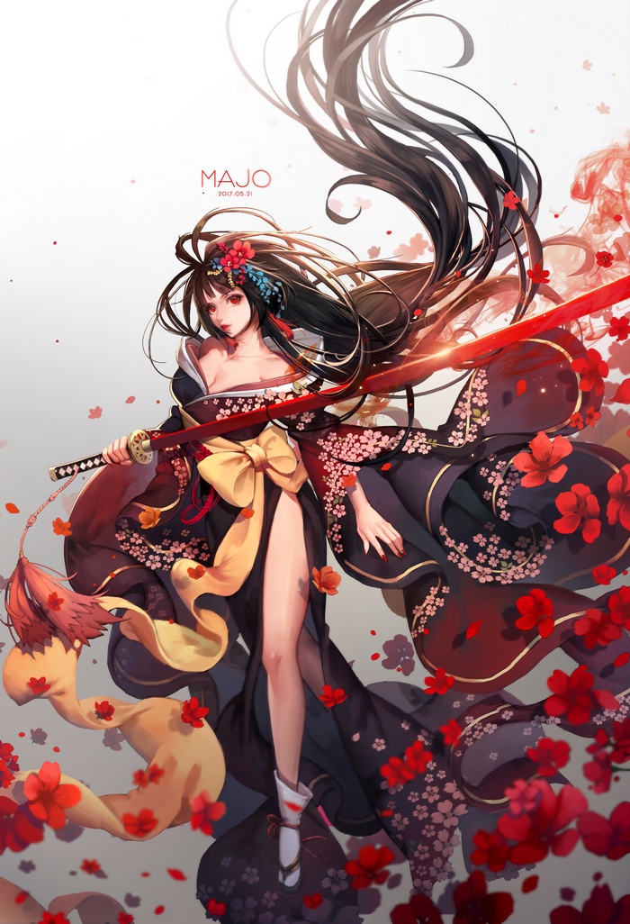 MAJO with a katana surrounded by red flowers