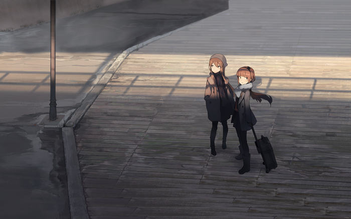 Two anime girls with luggage on a wooden pier