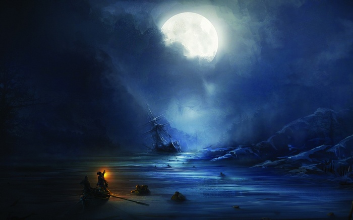Moonlight over a shipwreck with a boat