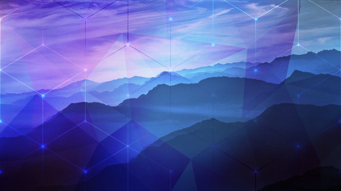 Purple and blue mountains with geometric overlay